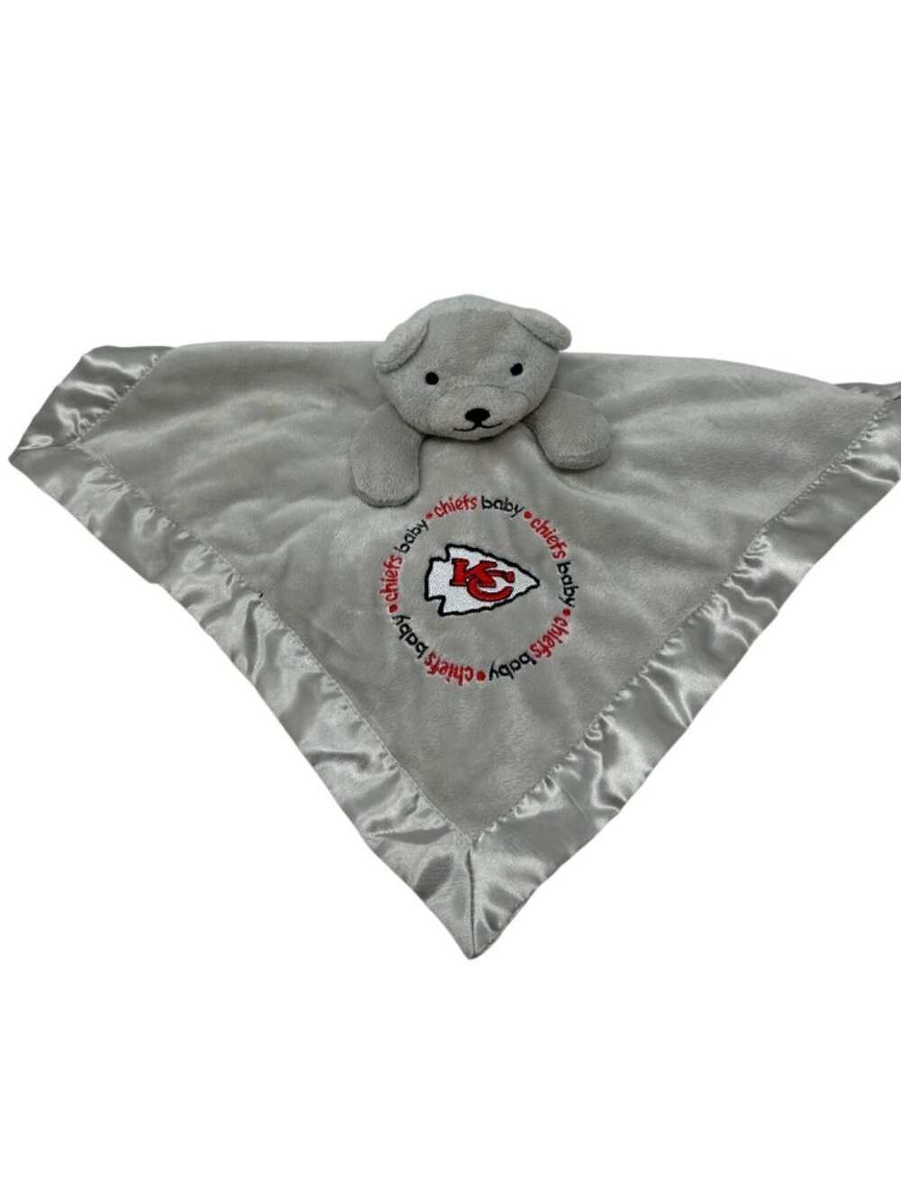 Kansas City Chiefs Baby Lovey Blanket Plush Bear Gray Satin Trim 12"x12"
